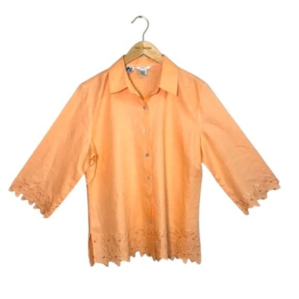 EDWARD‎ Women XL Irish Linen Peach Button Up Embroidered Scallop Trim Top Beachy